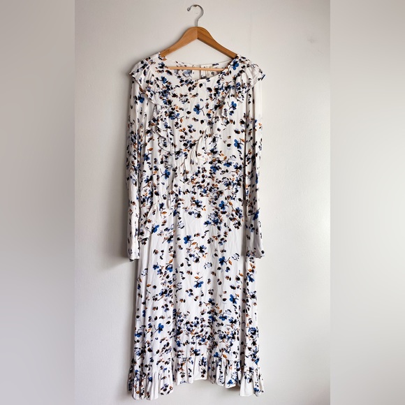 Treasure & Bond Floral Midi Ruffle Long Sleeves Dress White Blue Orange Celeb M - Picture 7 of 12